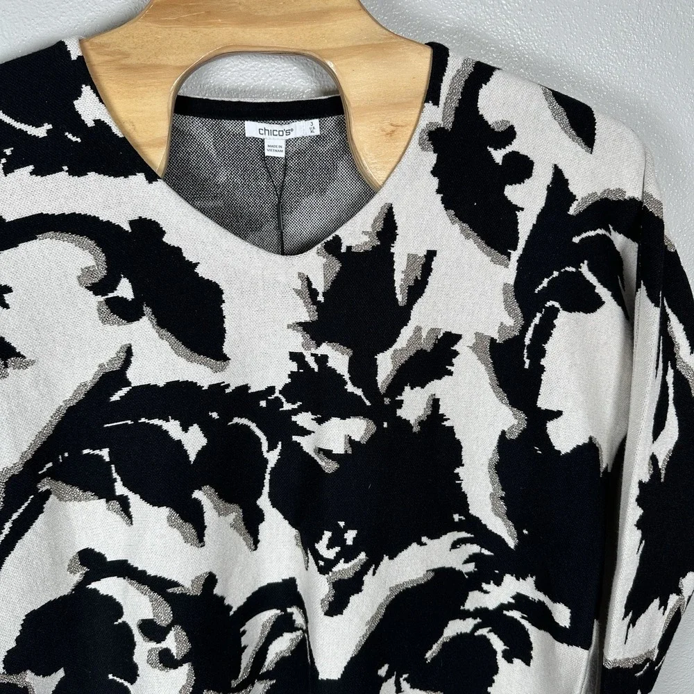 NEW Chico's Pullover‎ Sweater Womens 3/XL Paisley Jacquard Black Cream Metallic